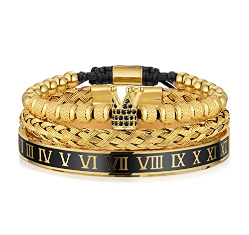WFYOU 3PCS Stainless Steel Imperial Crown Bracelets for Men Gold Roman Numeral Bangle Bracelet Adjustable Cuff Bracelet Mens Luxury Jewelry Gifts - style: 02:Gold-Roman Numeral