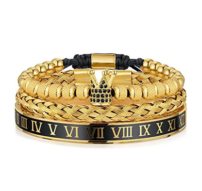 WFYOU 3PCS Stainless Steel Imperial Crown Bracelets for Men Gold Roman Numeral Bangle Bracelet Adjustable Cuff Bracelet Mens Luxury Jewelry Gifts - style: 02:Gold-Roman Numeral