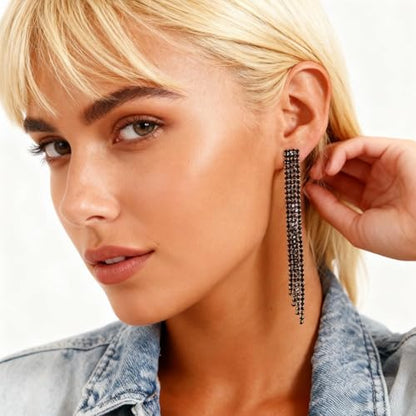 Rhinestone Clip on Earrings for Women Gold/Silver Prom Dresses 2026 Sparkly Chandelier Long Earrings Wedding Guest Jewelry - color: Black Clip on