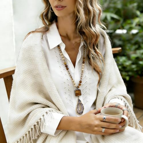 Yomisa Long Necklaces for Women Trendy, 33/34/35 inch | Boho Beaded Necklaces for Women, Natural Stone Pendant, Handmade Knotted Bead, Bohemian Holiday Summer Western Charm Jewelry - color: 34inch-Fossil