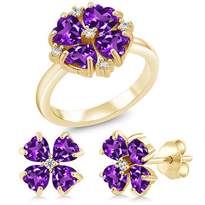 Gem Stone King 3.41 Ct Purple Amethyst 18K Yellow Gold Plated Silver Ring and Earrings Jewelry Set
