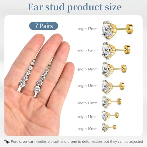 7 Pairs 20G Stainless Steel Stud Earrings Set Cubic Zirconia CZ Earrings Multi Size 2mm-8mm - color: golden, size: Elegant