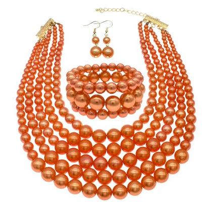Faux Big Pearl Srand Necklaces for Women 5 Layers Pearls Choker Bib Collar Necklace Bracelet and Earrings set 1920s Costume Pearl Jewelry Bridal Wedding - color: orange