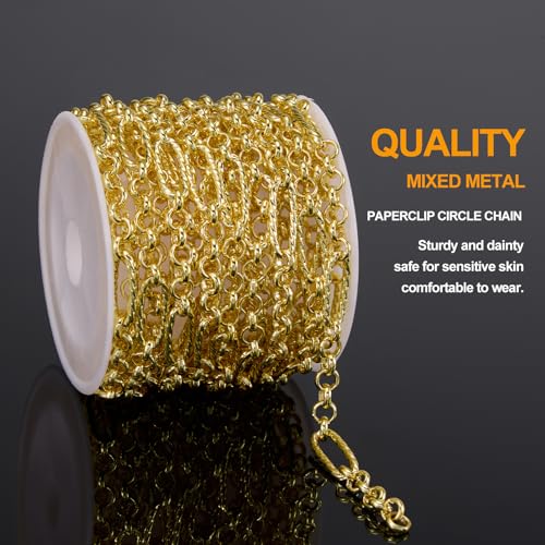 3M Mixed Material Chain Roll 18K Gold Plated Circle Chains Bulk | Embossed Paperclip Jewelry Links for Women Men DIY Handcraft Finding Jewelry Supplies - color: Small Circle Gold