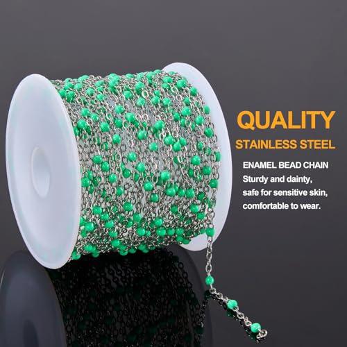 KYUNHOO 5 Meters Green Enamel Beaded Cable Chain Links for Jewelry Making | Silver Necklace Bulk Stainless Steel Jewelry Chains with Clasps Jewelry Supplies for Women DIY Crafts - color: silver-light green