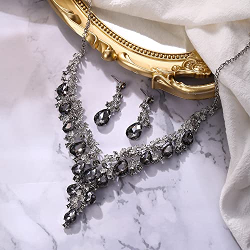 Wedding Bridal Necklace Earrings Jewelry Set for Women | Gorgeous Austrian Crystal Teardrop Flower Cluster for Bridal Bride Bridesmaid - color: 2Pcs-Grey Silver-Tone