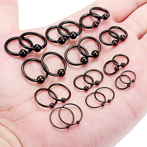 Ruifan 20G 16G 14G 12G Surgical Steel Captive Bead Nose Hoop Septum Earring Eyebrow Tongue Lip Nipple Helix Tragus Piercing Rings 8mm,10mm,12mm,14mm - color: 12PRS - Black