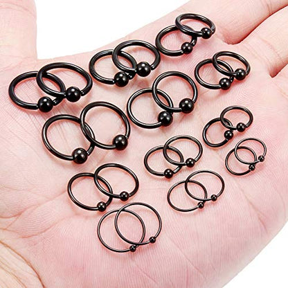 Ruifan 20G 16G 14G 12G Surgical Steel Captive Bead Nose Hoop Septum Earring Eyebrow Tongue Lip Nipple Helix Tragus Piercing Rings 8mm,10mm,12mm,14mm - color: 12PRS - Black