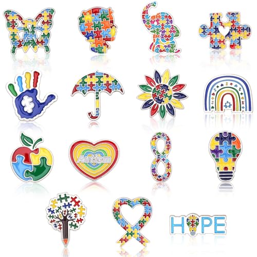 SANNIX 15Pcs Autism Awareness Pins, Autism Lapel Pin Autism Puzzle Enamel Brooch Badge for Autism Awareness Support Events Clothing Bag Hat Accessories - style: Autism Pin