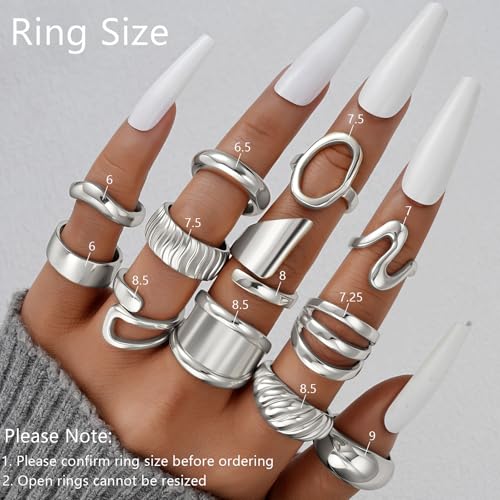 17 MILE Chunky Gold Stackable Rings for Women Non Tarnish, 18K Gold-Plated Statement Open Stacking Rings, Knuckle Band Ring Set - color: 12 Pcs Silver