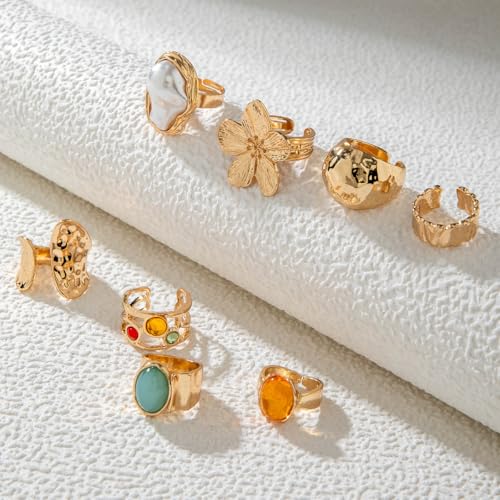 Rrdaily 14K Gold Plated Stackable Knuckle Rings Set for Women Trendy Chunky Simulation Gemstone Signet Rings Dainty Midi Finger Rings Pack Aesthetic Statement Jewelry for Bridesmaid Wedding Gifts - style: 8 Pcs Gold