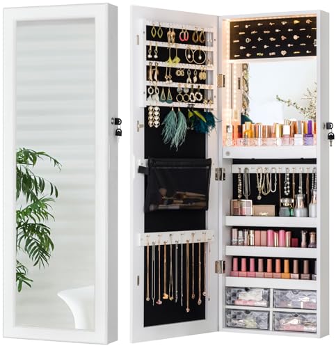 LUXFURNI Wall & Door‑Mounted Storage Jewelry Armoire Cabinet with Mirror | Built‑in LED Mirror, Acrylic Lipstick Tray, 4 Clear Drawers, Large Velvet‑Lined Storage, Full Length Mirror Lockable - style: Square Shaped White