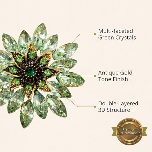 QCWN Large Flower Brooches and Pins for Women Vintage Rhinestone Sunflower Brooch Costume Jewelry Lapel Hat Pins for Wedding Dresses Bouquet Gifts - style: 1Pcs Olive Green