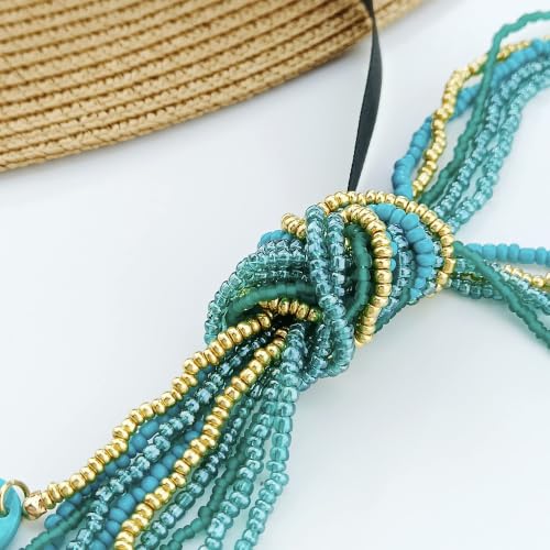 Coiris Long Seed Beaded Multi Strand Necklace,10 Multiple Statement Long Bib Necklace with Tie Knot for Women and Girls Jewelry - color: Teal
