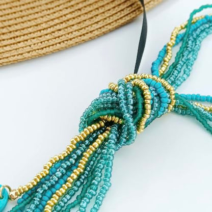 Coiris Long Seed Beaded Multi Strand Necklace,10 Multiple Statement Long Bib Necklace with Tie Knot for Women and Girls Jewelry - color: Teal
