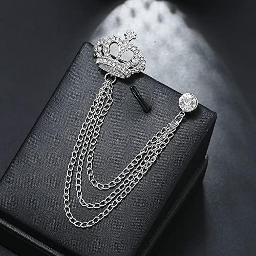 Rhinestone Crown Long Chain Brooch.Gold Silver Tassel Brooch Pin,Retro Crystal Suit Pins Collar Coat Pin for Men's Accessories Pin Husband Gifts - color: Silver