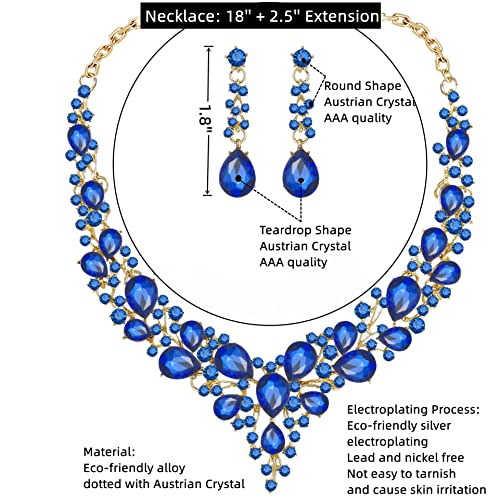 Paxuan Crystal Bridal Wedding Jewelry Sets for Women Rhinestone Teardrop Crystal Statement Choker Necklace Drop Earrings Link Bracelets Rings Teardrop Jewelry Set for Brides Bridesmaids - color: Blue