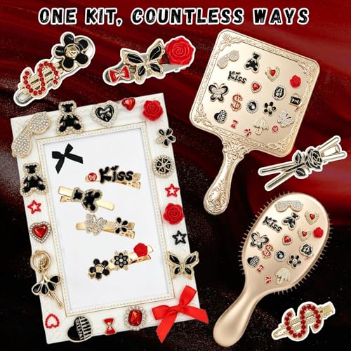 RidaaFri Junk Phone Case Charms Kit, Red Black 3D Large Charms Set | DIY Case Craft Flatback Rhinestone Gems with Bow Flower Heart Rose, Phone Making Supplies Women Aesthetic Personalization - color: Black/Red