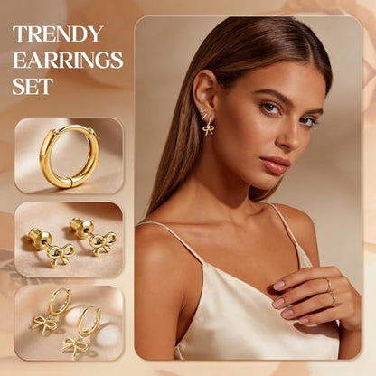 14K Gold Hoop Dangle Stud Earrings Surgical Steel Helix Piercing | Hypoallergenic,Cubic Zirconia,3 Pairs Huggie Hoop Set for Women,Dangle Stud,Cartilage Tragus Conch Earring,Jewelry Gift - color: B1-Gold Bow Earrings