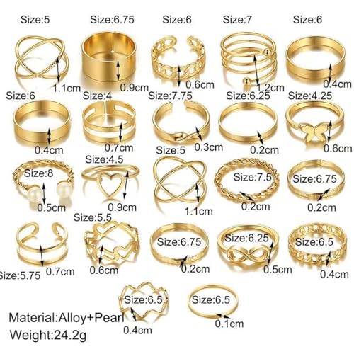 22Pcs Gold Plated Knuckle Rings Set for Women,Boho Dainty Stackable Joint Finger Midi Ring Pack Simple Cute Pearl Butterfly Heart Rings Adjustable Statement Jewelry Mixed Size - color: Gold