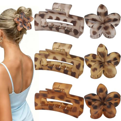 Flower Hair Clips for Women, Square Claw Clips for Girls 6 PCS - Deep Color - leopard - color: leopard