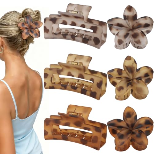 Flower Hair Clips for Women, Square Claw Clips for Girls 6 PCS - Deep Color - leopard - color: leopard