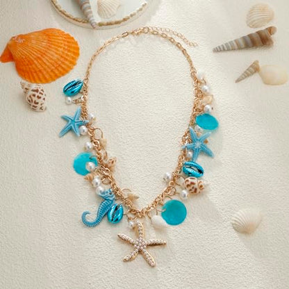 RUOFFETA Shell Starfish Necklace Bracelet Conch Statement Chunky Necklace Mermaid Costume Jewelry Beach Jewelry for Women - style: Necklace Blue
