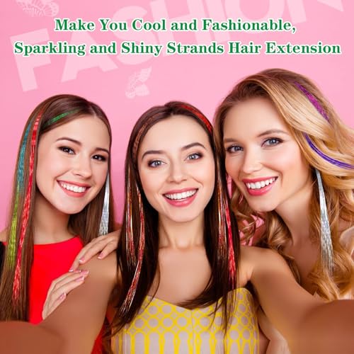 FEBSNOW Tinsel Hair Extension, 47 Inch Glitter Rainbow Strands with Tool | 2400 Strands 12 Mixed Colors Sparkling Hair Kit, Girls Party Accessories, Christmas Wedding Birthday Hair Styling Supplies - color: Multi 12 colors-1