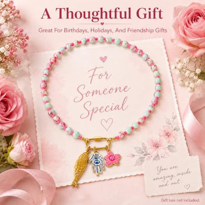 LIU JUN Colorful Beaded Necklace for Women, Chunky Boho Fish Starfish Conch Pendant Acrylic Bead Necklaces Cute Y2K Summer Beach Jewelry Gifts - color: Fish+Evil Eye