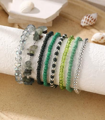 Noessla Boho Beaded Bracelets for Women Stackable Irregular Natural Stone Bead Stretch Bracelet Set 8PCS Costume Jewelry Gifts for Her - color: Green