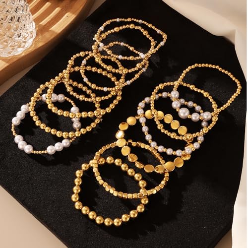KISS WIFE Gold Beaded Bracelets for Women, Stackable Stretch Bracelet Set | 13 stretch bracelets combine polished gold-tone beads and faux pearls for stacked or individual everyday styling. - color: Gold