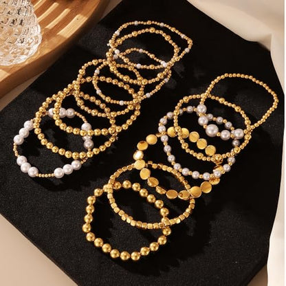 KISS WIFE Gold Beaded Bracelets for Women, Stackable Stretch Bracelet Set | 13 stretch bracelets combine polished gold-tone beads and faux pearls for stacked or individual everyday styling. - color: Gold