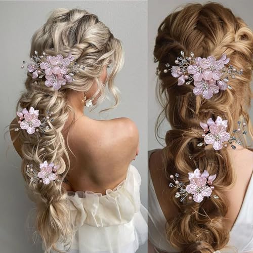 3 PCS Large Flower Bridal Wedding Hair Pins Crystal Pearl Hair Clips Headpiece Bride Hair Accessories Jewelry with Rhinestone, Glitter Emboss Pink Flower - color: Glitter Emboss Pink Flower