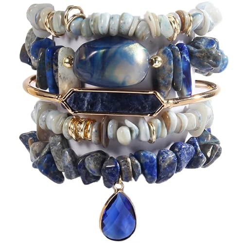 Yomisa 5PCS 6PCS Natural Boho Beaded Bracelets/Bangle for Women Men,Healing Turquoise Jasper Agate Crystal Gemstone Stone Chakra Multilayer Wrap Bohemian Handmade Jewelry Beads Stretch Bracelet Set - color: 5PCS-Sapphire blue