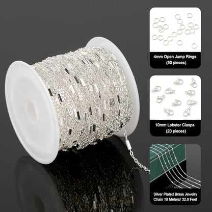 UMAOKANG 32.8 Feet Silver Necklace Chains Bulk for Jewelry Making Silver Plated Brass Tube Bar Link Chain Roll with Jump Rings and Lobster Clasps - color: Silver Tube Bar