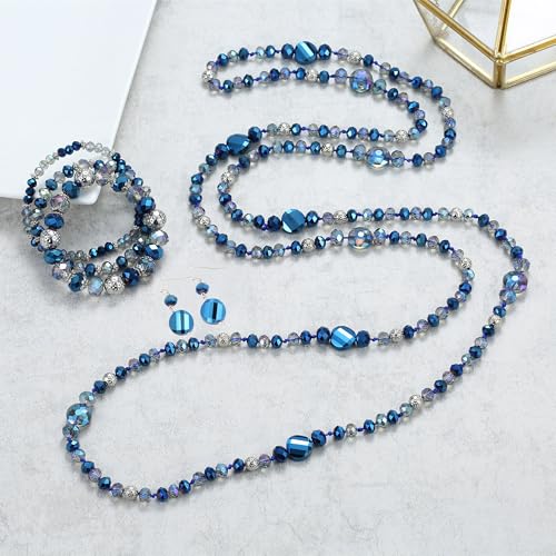 Trendy Infinity Wrap 60’’ Long Statement Necklace, Earrings and Bracelet Set - Hand Knotted Versatile Crystal and Shell Beads Strand Necklace and Chunky Beaded Stretch Bracelet Stack – Jewelry Set Gift for Women - color: Blue/Round Earrings
