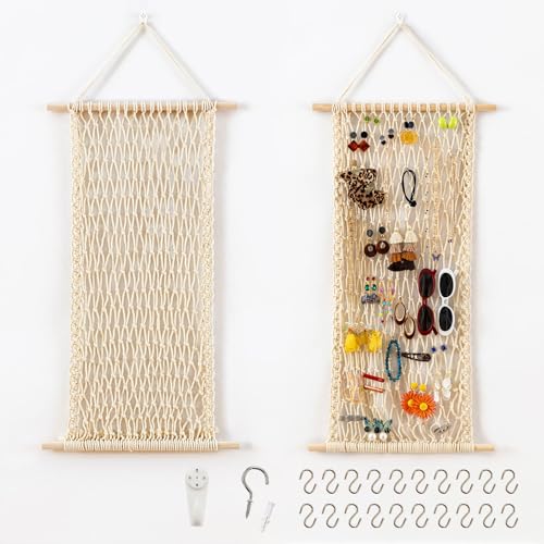 Hanging Jewelry Mesh Organizer with 20 Pieces S Shape Hooks | Macrame,Wall Mounted,Necklaces Storage,Earring Display Rack,Girls Hair Clips Hanger,for Bracelets and Rings, Yellow Cotton - color: Yellow cotton