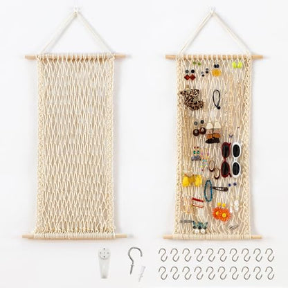 Hanging Jewelry Mesh Organizer with 20 Pieces S Shape Hooks | Macrame,Wall Mounted,Necklaces Storage,Earring Display Rack,Girls Hair Clips Hanger,for Bracelets and Rings, Yellow Cotton - color: Yellow cotton