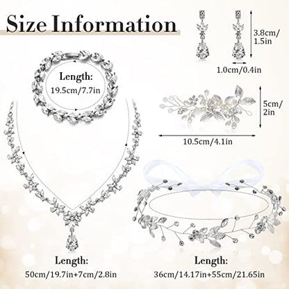 Henoyso 5 Pcs Wedding Jewelry Set for Women, Rhinestone Necklace Earrings Bracelet Headpieces Set for Bride Bridesmaid Prom - style: Elegant Style
