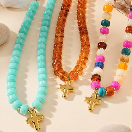 Colorful Resin Chunky Beaded Necklace for Women Modern Statement Choker Necklace with Gold Tone Cross Pendant Boho Summer Jewelry Gift - color: Amber Brown-1