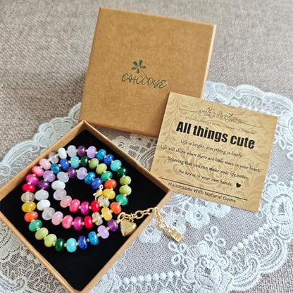 Boho Gemstone Beaded Necklace for Women – Colorful Natural Stone Choker 18K Solid Heart-Shaped Pendant, Summer Beach Jewelry - color: All things cute