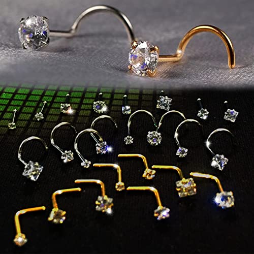 Nose Rings & Studs - 18g, 20g, 22g 14K Gold Bone Nose Studs for Women in Titanium Steel - color: 18g 8pcs Silver Screw Shaped 316L Surgical Steel