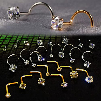 Nose Rings & Studs - 18g, 20g, 22g 14K Gold Bone Nose Studs for Women in Titanium Steel - color: 18g 8pcs Silver Screw Shaped 316L Surgical Steel