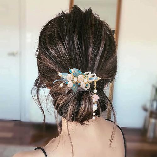 A Pair Wedding Hair Clips, Handmade Floral Design Crystal Hair Clips Pearl Barrettes, Rhinestones Flower Clips Pearl Headpieces Hair Pins Hair Accessories for Women Girls (Blue&White) - color: Blue&White