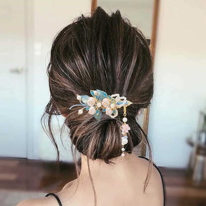 A Pair Wedding Hair Clips, Handmade Floral Design Crystal Hair Clips Pearl Barrettes, Rhinestones Flower Clips Pearl Headpieces Hair Pins Hair Accessories for Women Girls (Blue&White) - color: Blue&White