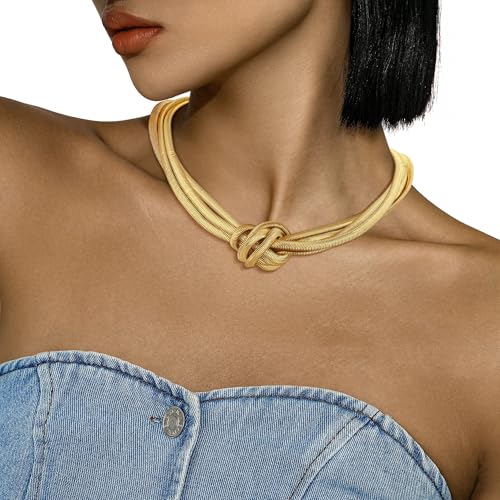 Chunky Gold Choker Necklace for Women, 14K Gold Plated Snake Chain Statement Necklace Triple Twsited Layered Choker Necklaces Jewelry Gifts - style: Knot choker