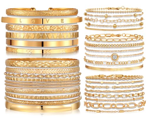 IFKM 6 PACK (24 PCS) Boho Gold Chain Bracelets Set for Women, 14K Gold Plated Multiple Layered Stackable Open Cuff Wrap Bangle Adjustable Link Italian Cuban Jewelry for Women Gift - style: 35 PCS Bangle Bracelets