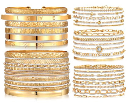 IFKM 6 PACK (24 PCS) Boho Gold Chain Bracelets Set for Women, 14K Gold Plated Multiple Layered Stackable Open Cuff Wrap Bangle Adjustable Link Italian Cuban Jewelry for Women Gift - style: 35 PCS Bangle Bracelets