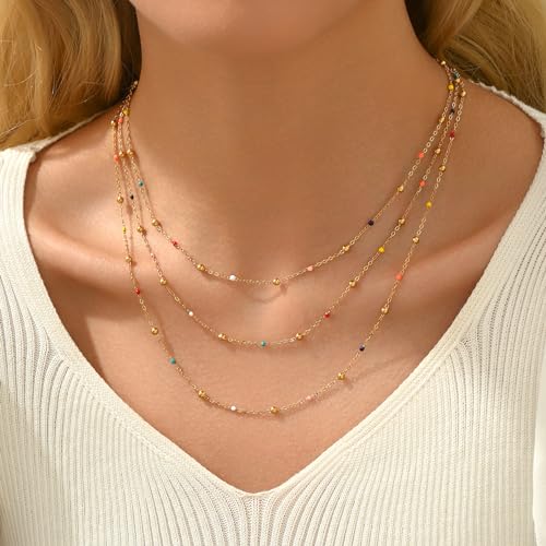 18K Gold Plated Layered Herringbone Necklaces for Women Dainty Layering Beaded Snake Chain Choker Moon Coin Pendant Necklace Trendy Stainless Steel Jewelry - color: Trible Multicolor Bead-Gold