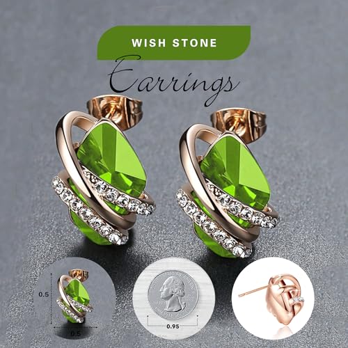 Gifts for Women, Wish Stone Stud Earrings with Birthstone Crystals, 18K Rose Gold Plated or Silver-tone - color: 108-August Birthstone-Peridot Green-Rose Gold Plated
